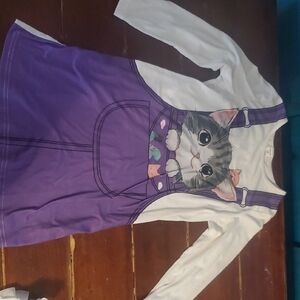 Purple Kitty Overalls Dress with White Long Sleeve Top